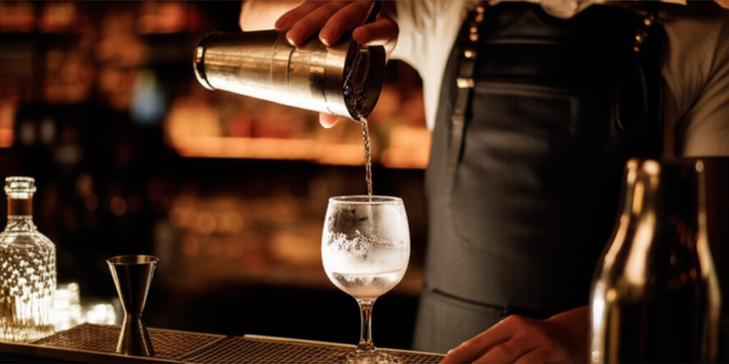 Professional bartender pouring a craft cocktail