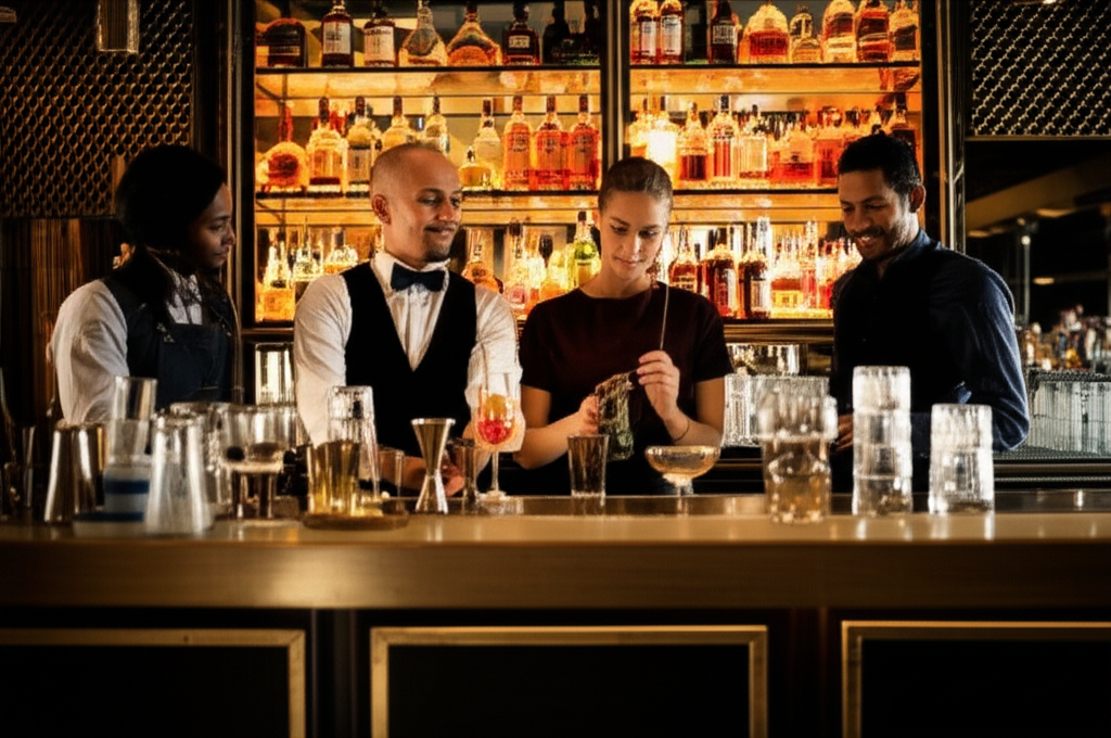 Professional bartender team crafting cocktails